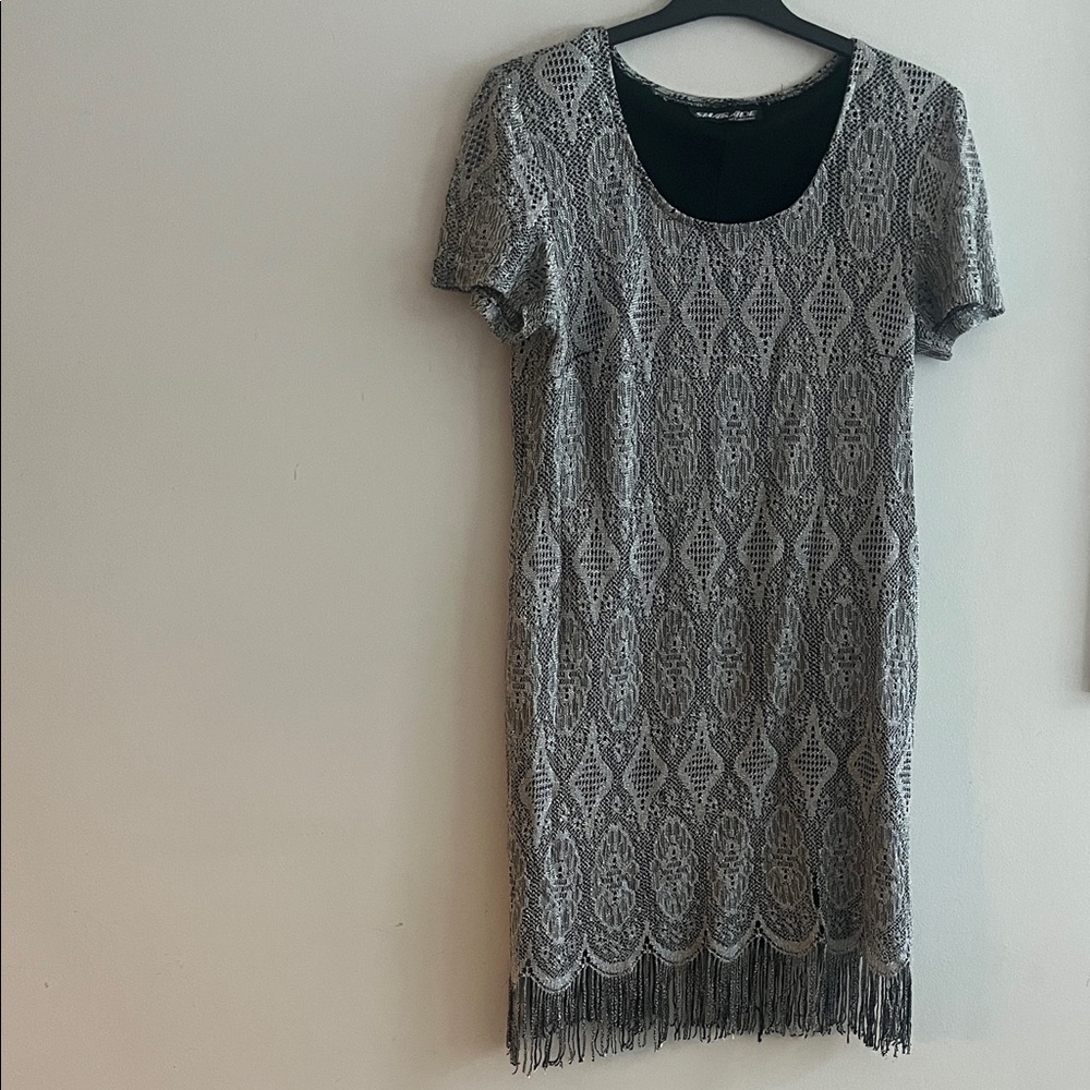 Elegant silver Lace Dress lined with shoulder pads